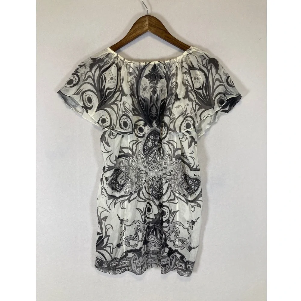 Y2K Unity World Wear Women XL White‎ Gray Paisley Crochet Lace Neck Tunic Top